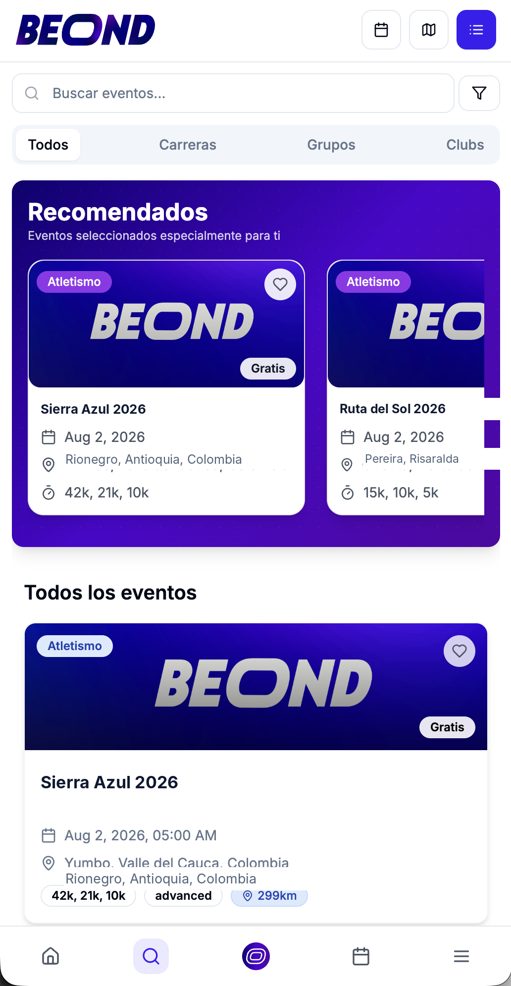 BEOND mobile discovery screen with event cards