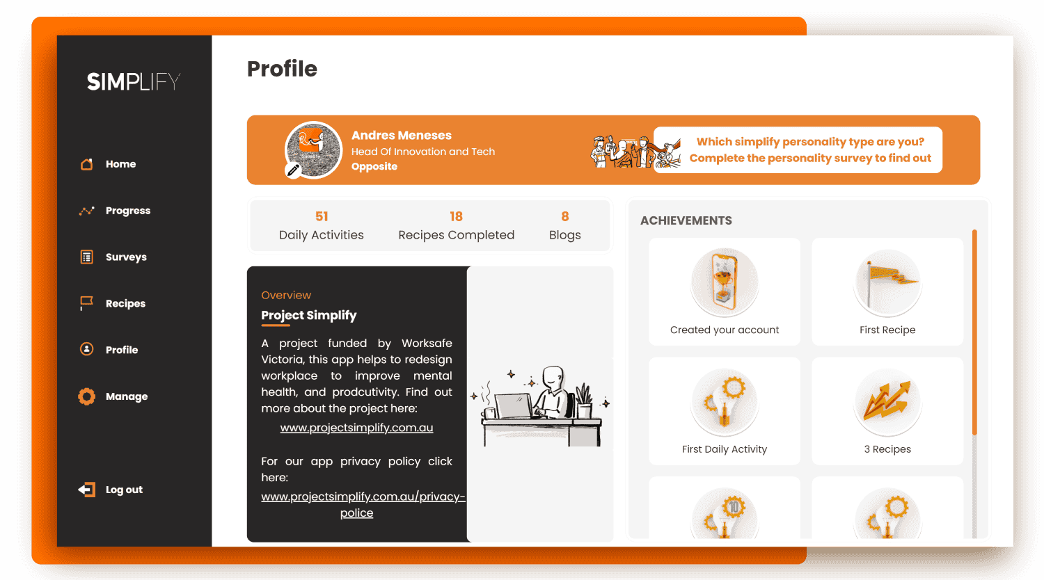 Project Simplify profile view with progress stats and achievements