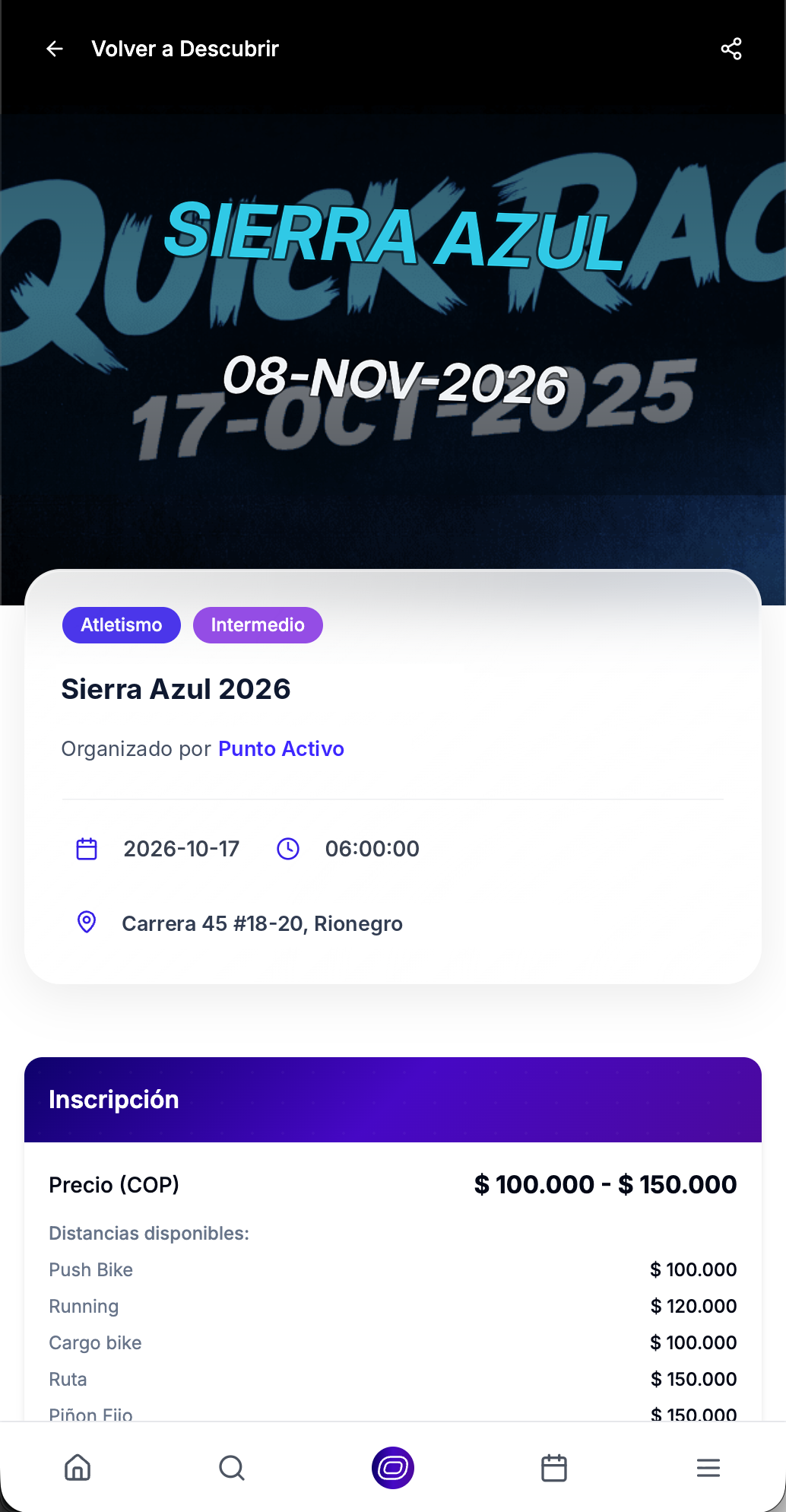 BEOND mobile event detail with registration pricing and payment summary