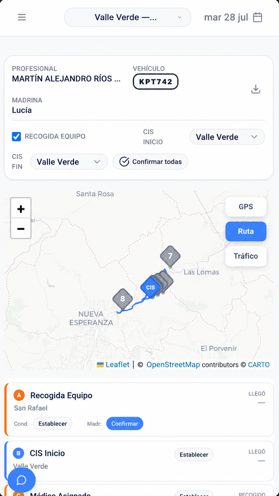 EstarMed mobile route detail with map and stop list