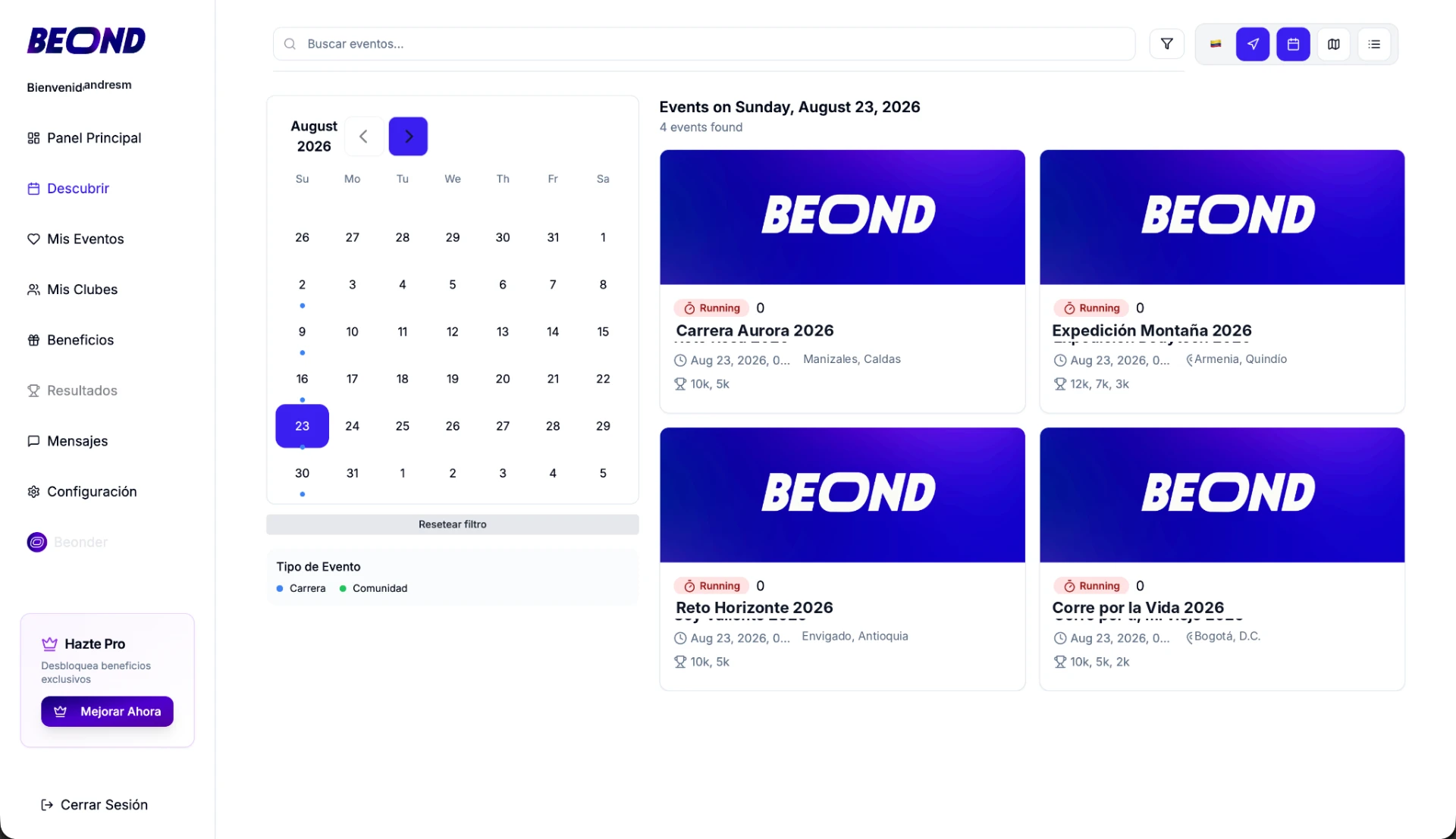 BEOND organizer event calendar with scheduled races