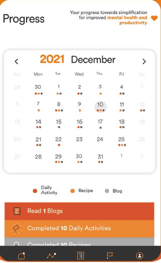 Project Simplify mobile progress calendar with activity tracking